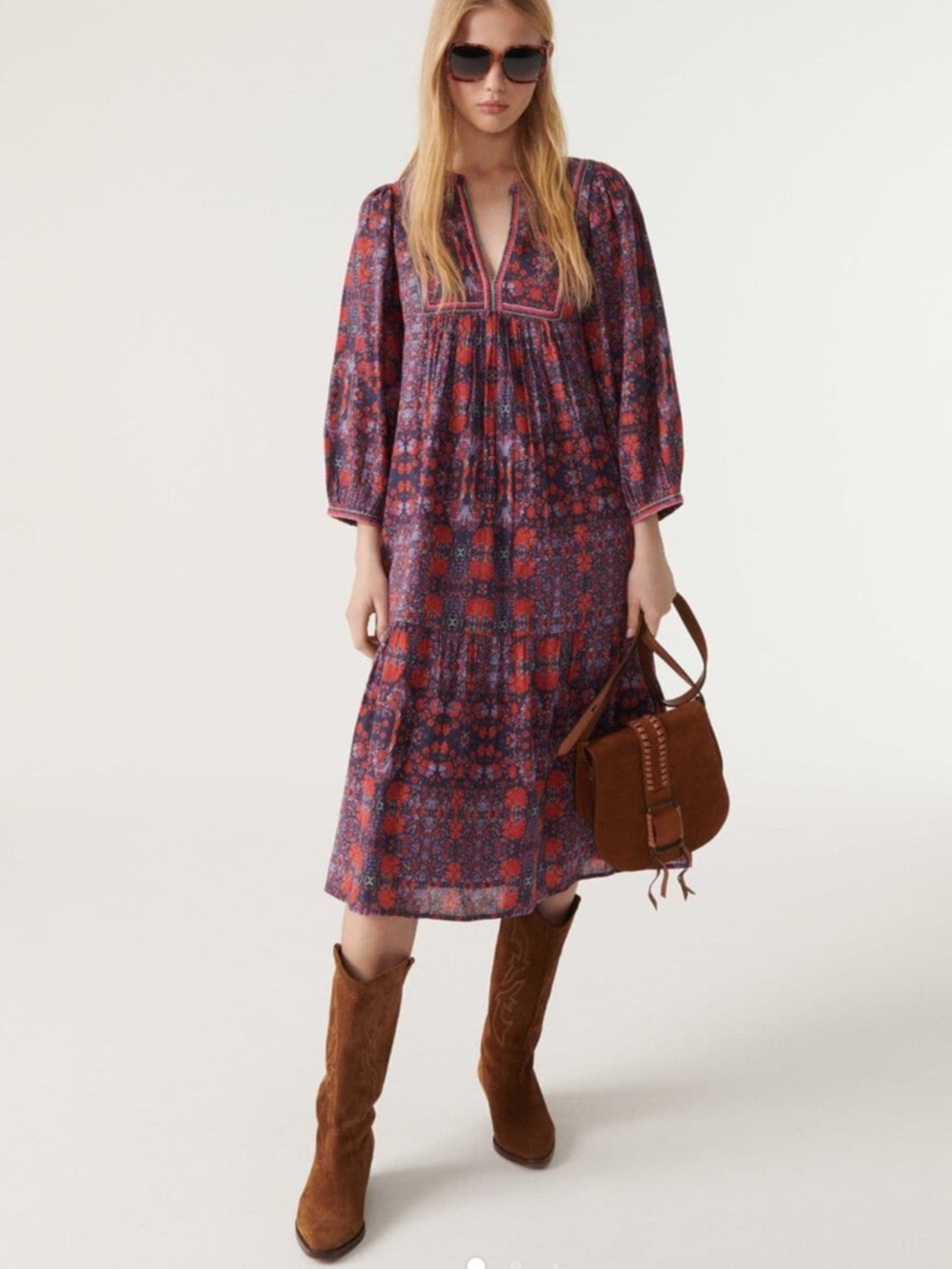 ba&sh Red and Navy Floral Maxi Dress 0/XS
